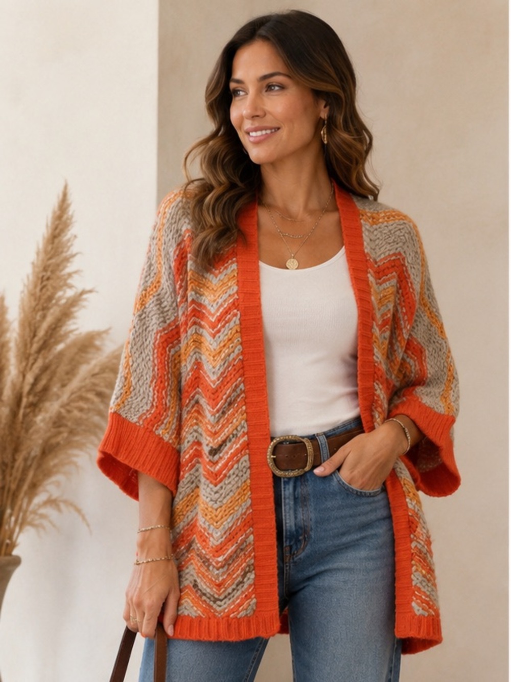 LOFT Orange & Beige Wool Blend Chevron Knit Cocoon Cardigan XS - Picture 3 of 10